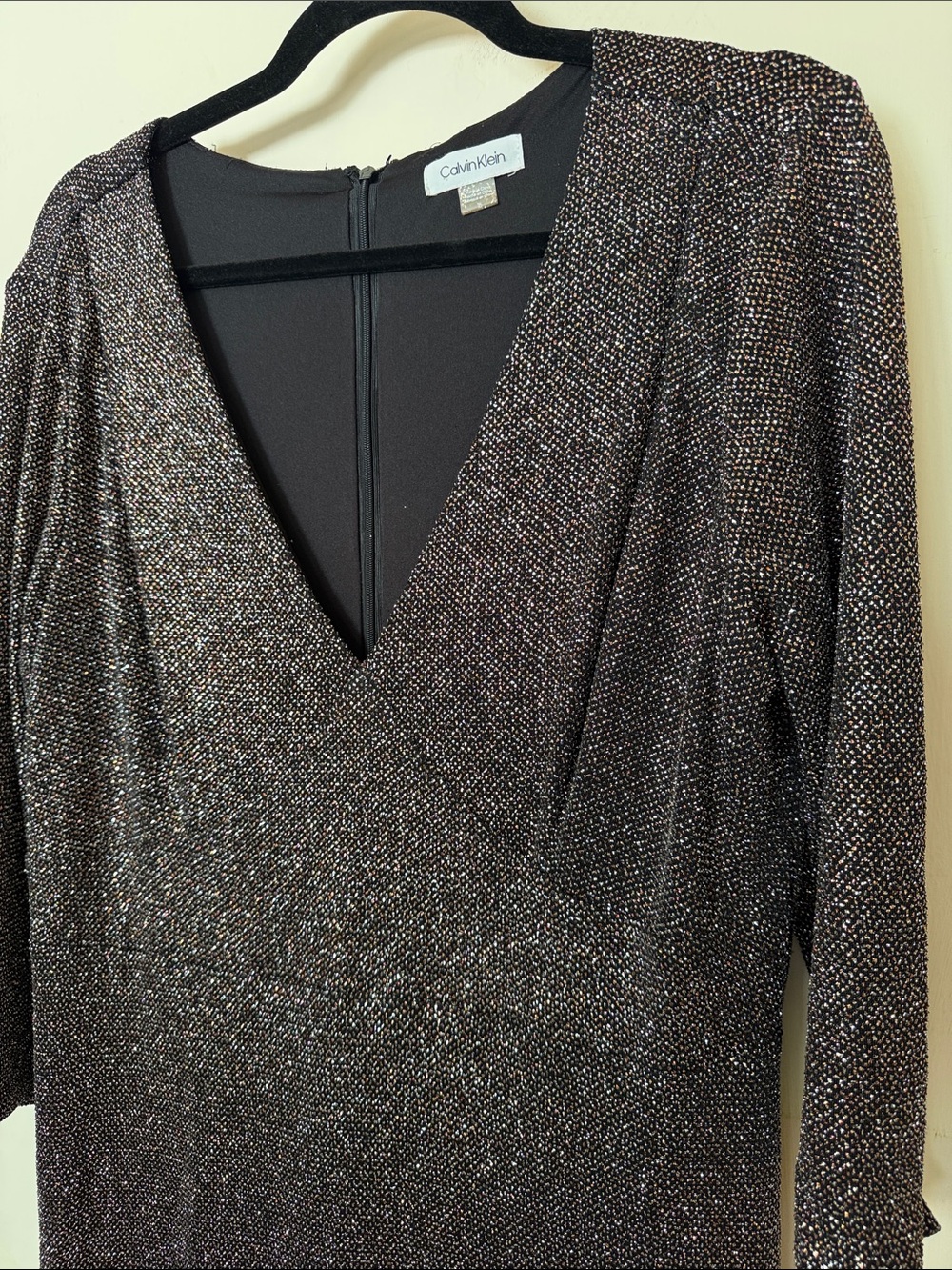 Calvin Klein Metallic Black V-Neck Long Sleeve Dress